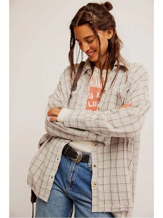 We The Free Tops - We The Free Cardiff Plaid Oversized Gauze Button Up Tunic Shirt Lilac Size Large